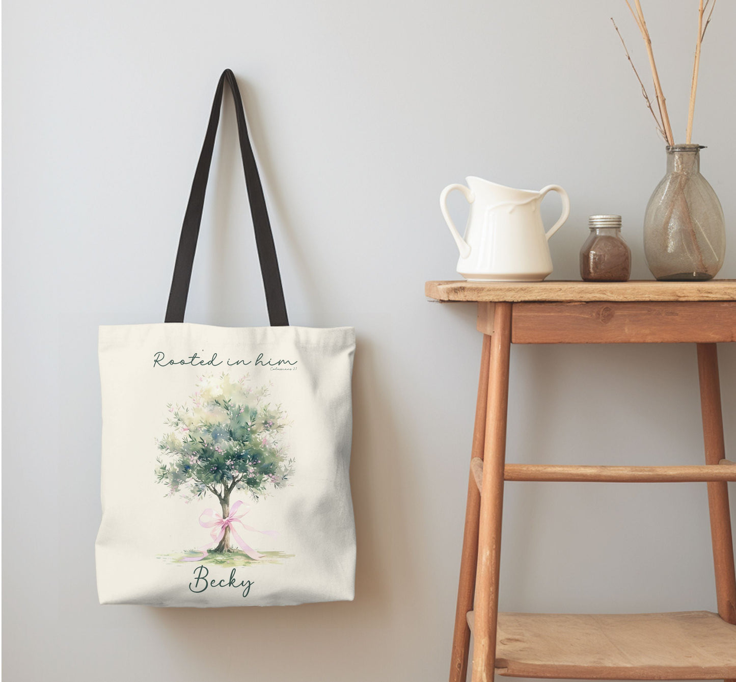 Christian tote bag, Rooted in him, Bible bag, Bible verse gift, Faith tote, Christian Girl gift, Baptism gift, Chruch bag, Scripture gift.