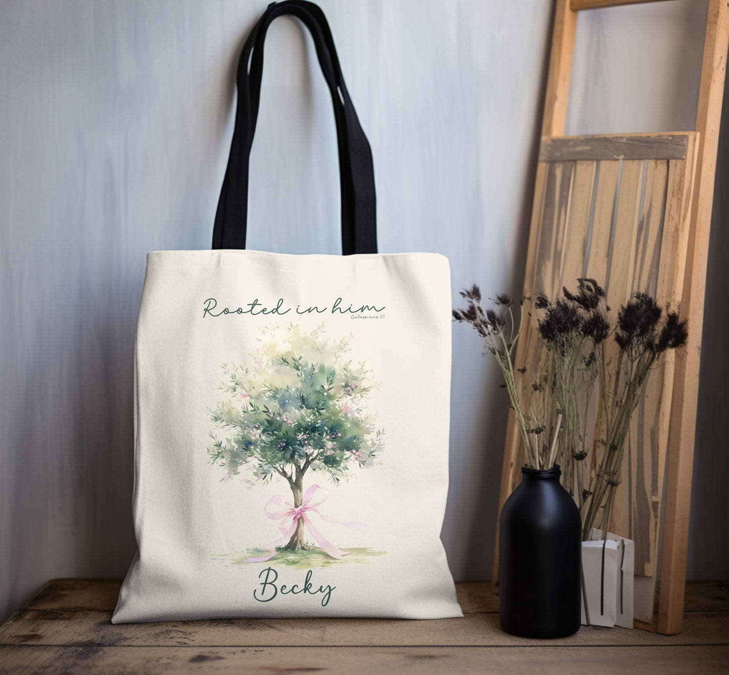 Christian tote bag, Rooted in him, Bible bag, Bible verse gift, Faith tote, Christian Girl gift, Baptism gift, Chruch bag, Scripture gift.
