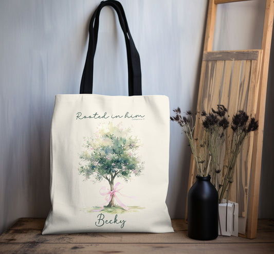 Christian tote bag, Rooted in him, Bible bag, Bible verse gift, Faith tote, Christian Girl gift, Baptism gift, Chruch bag, Scripture gift.