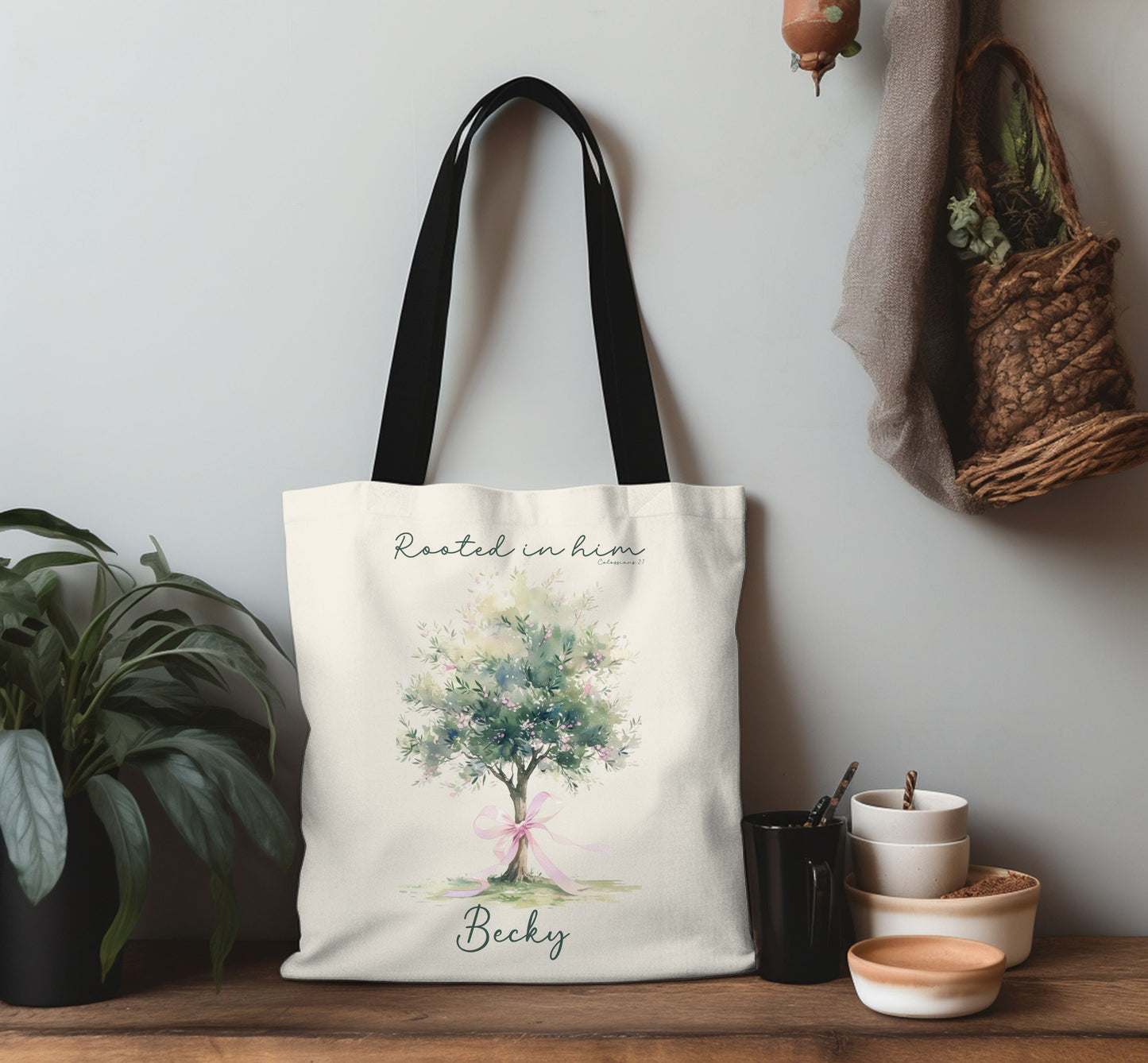 Christian tote bag, Rooted in him, Bible bag, Bible verse gift, Faith tote, Christian Girl gift, Baptism gift, Chruch bag, Scripture gift.