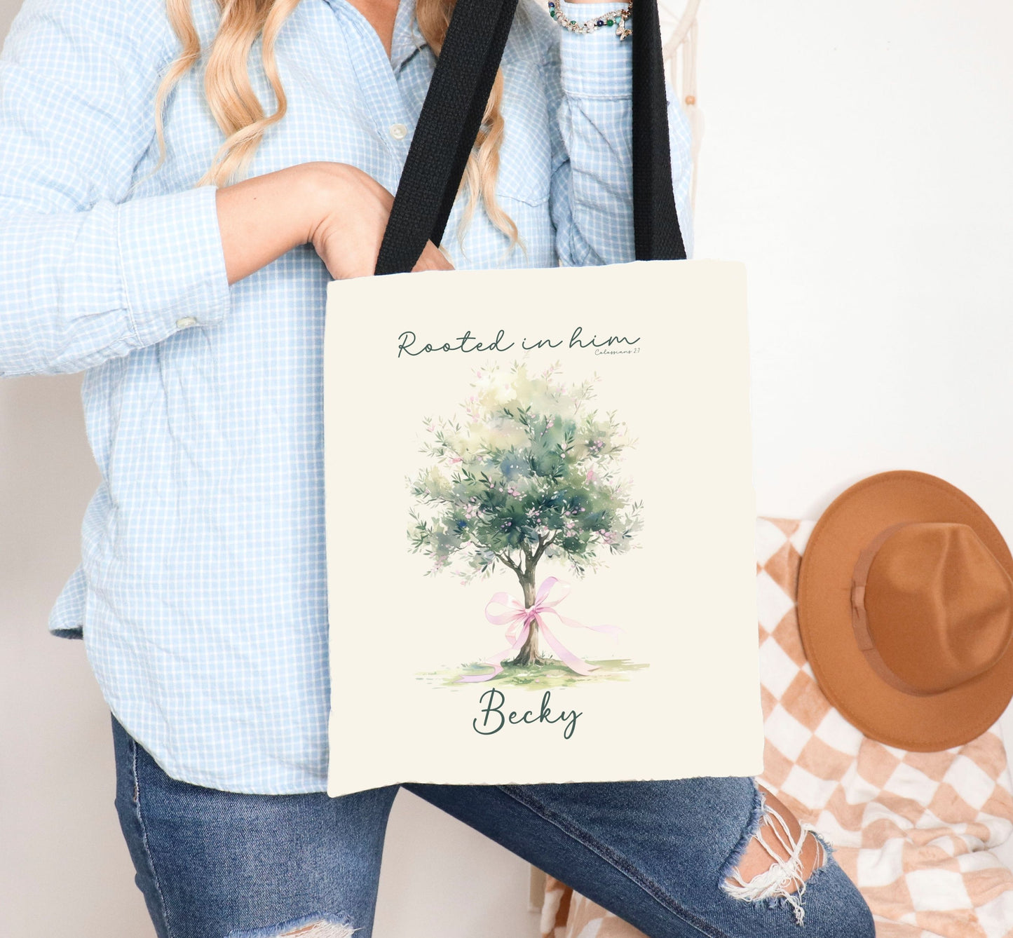 Christian tote bag, Rooted in him, Bible bag, Bible verse gift, Faith tote, Christian Girl gift, Baptism gift, Chruch bag, Scripture gift.