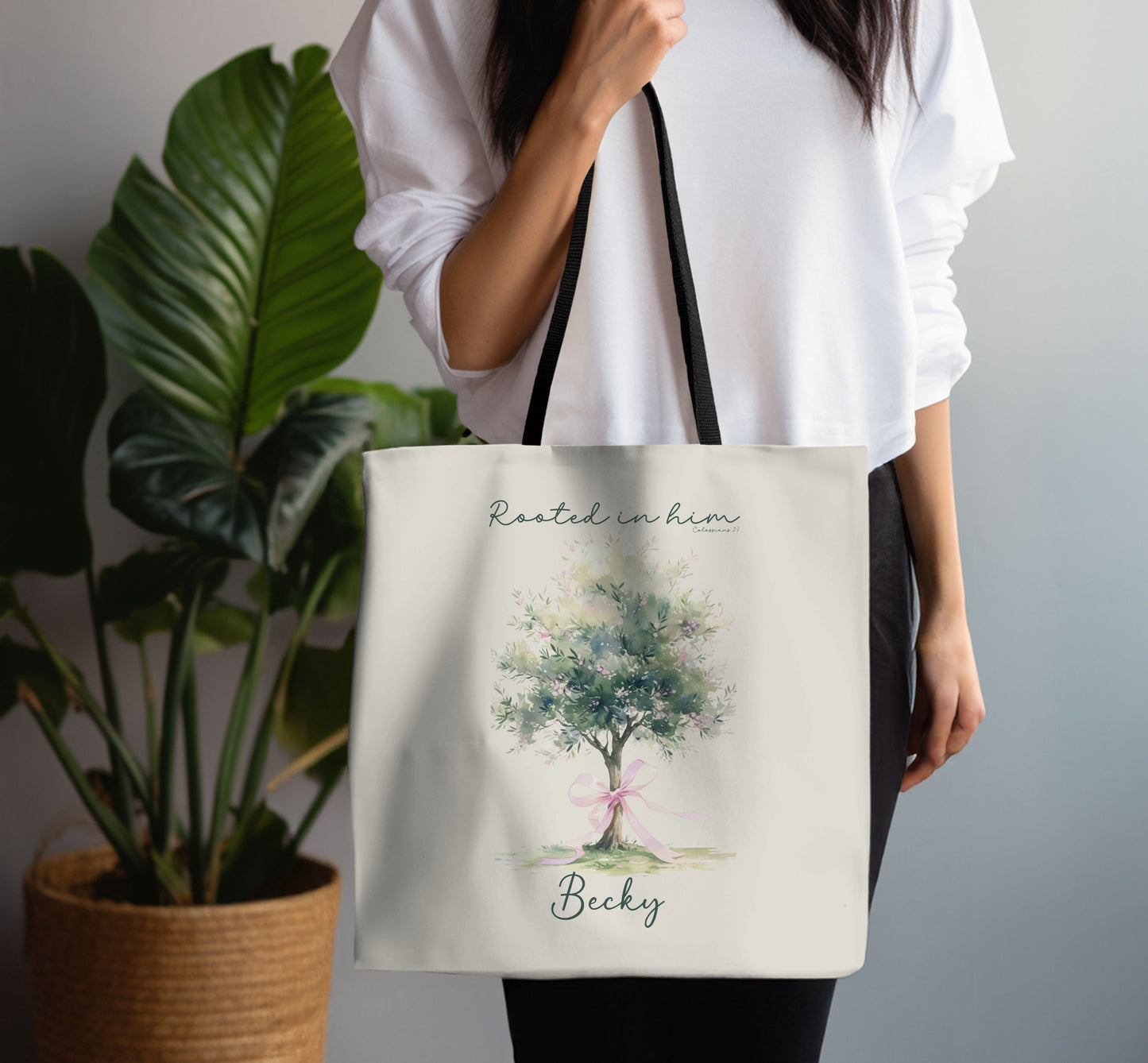 Christian tote bag, Rooted in him, Bible bag, Bible verse gift, Faith tote, Christian Girl gift, Baptism gift, Chruch bag, Scripture gift.