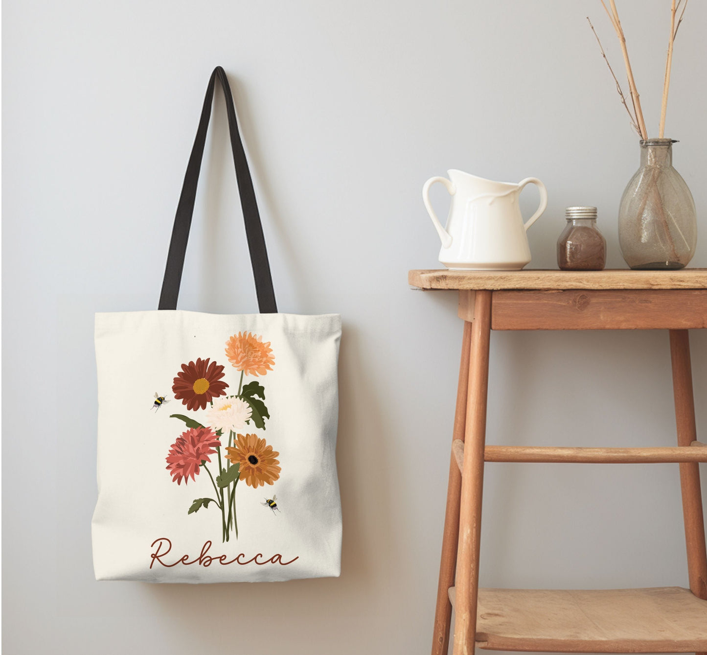 Personalized tote bag, Wildflower tote bag, Teacher tote bag, Custom Bridesmaid tote bag, Book lovers Bag, Personalized gift,  Flower tote.