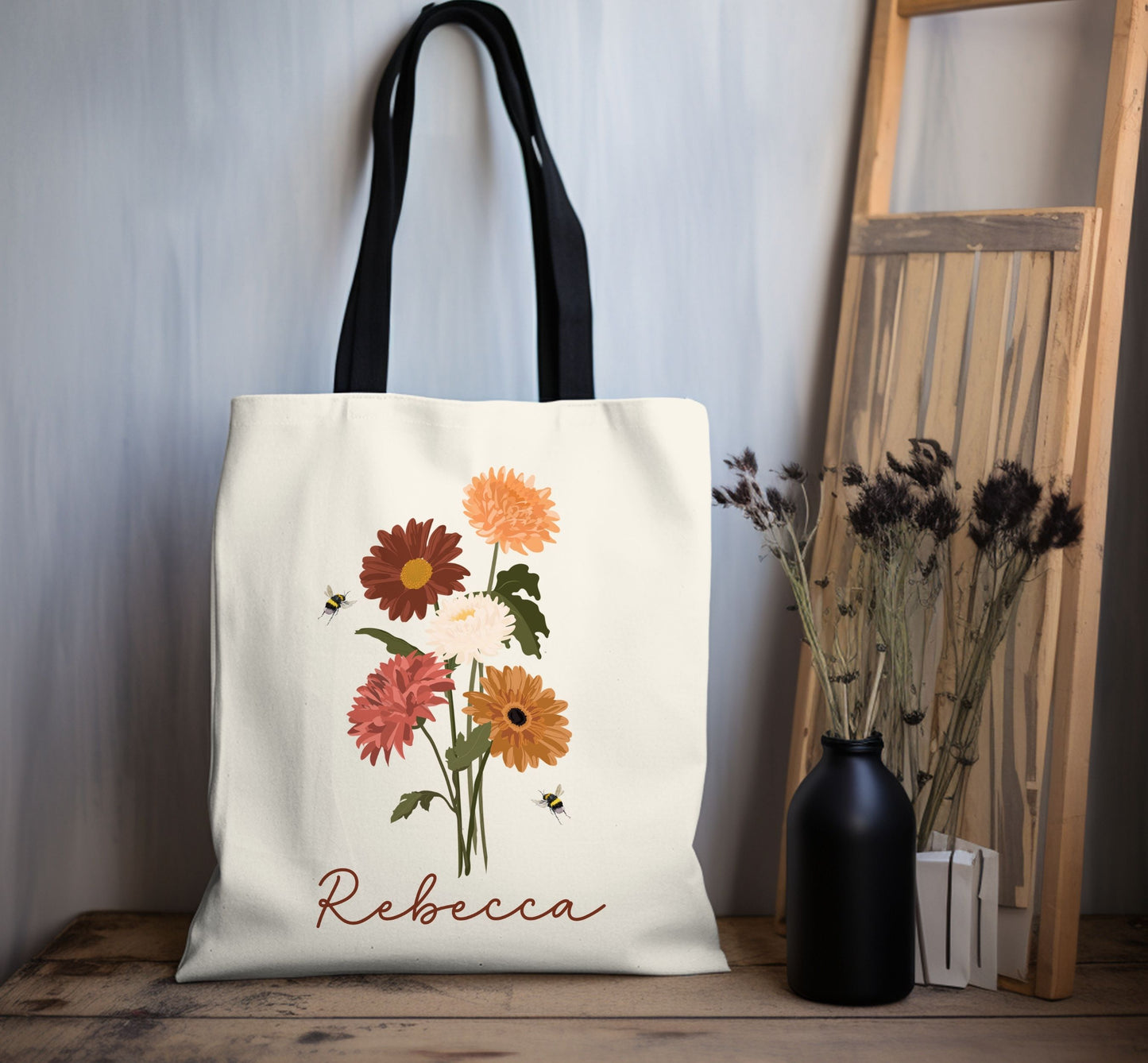 Personalized tote bag, Wildflower tote bag, Teacher tote bag, Custom Bridesmaid tote bag, Book lovers Bag, Personalized gift,  Flower tote.