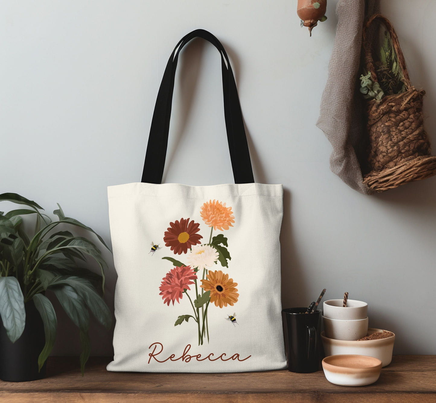 Personalized tote bag, Wildflower tote bag, Teacher tote bag, Custom Bridesmaid tote bag, Book lovers Bag, Personalized gift,  Flower tote.