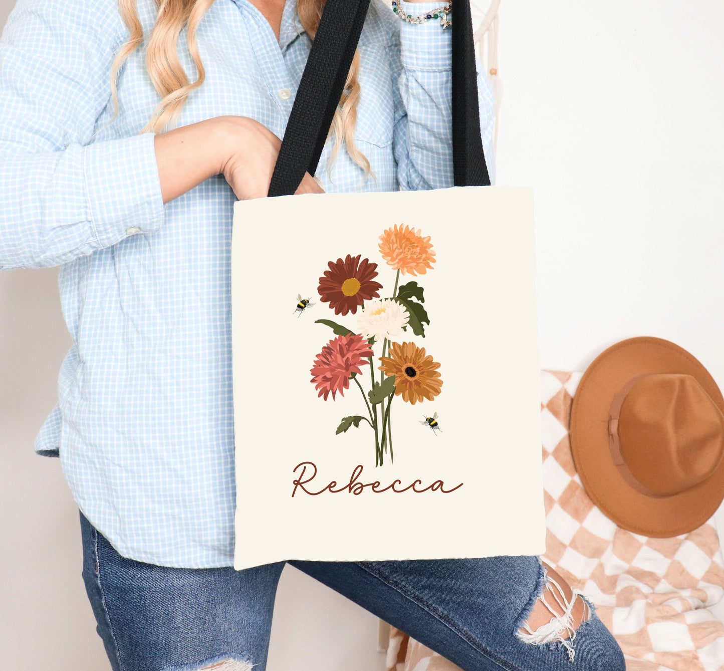 Personalized tote bag, Wildflower tote bag, Teacher tote bag, Custom Bridesmaid tote bag, Book lovers Bag, Personalized gift,  Flower tote.