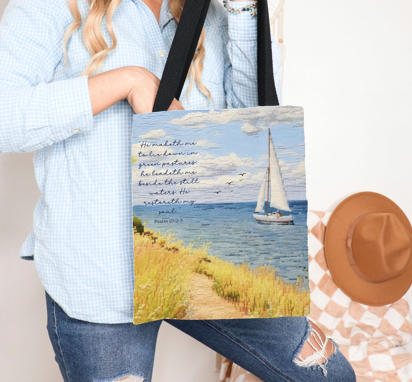 Psalm 23, Bible study tote bag, Christian tote, Weekender bag , Scripture tote , Beach tote bag, Coastal tote, Church bag, Gift for Friend.