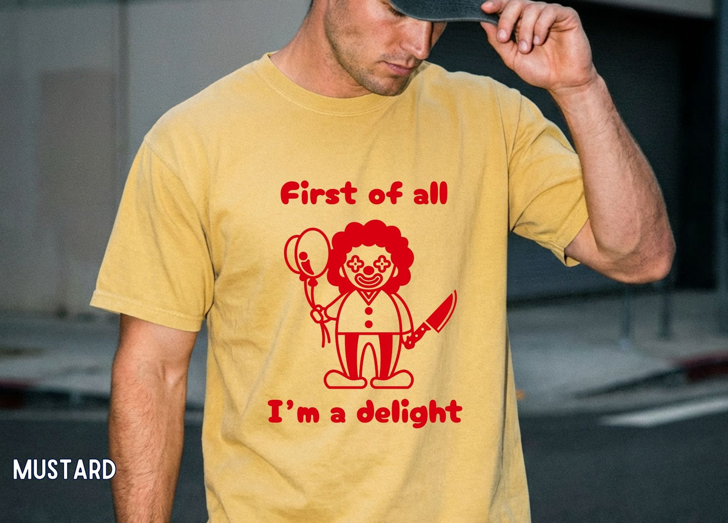 First of All I'm a Delight Shirt (RED), Funny Clown Graphic Tee, Dark Humor Shirt, Sarcastic Humor Tee, Funny Halloween Shirt.