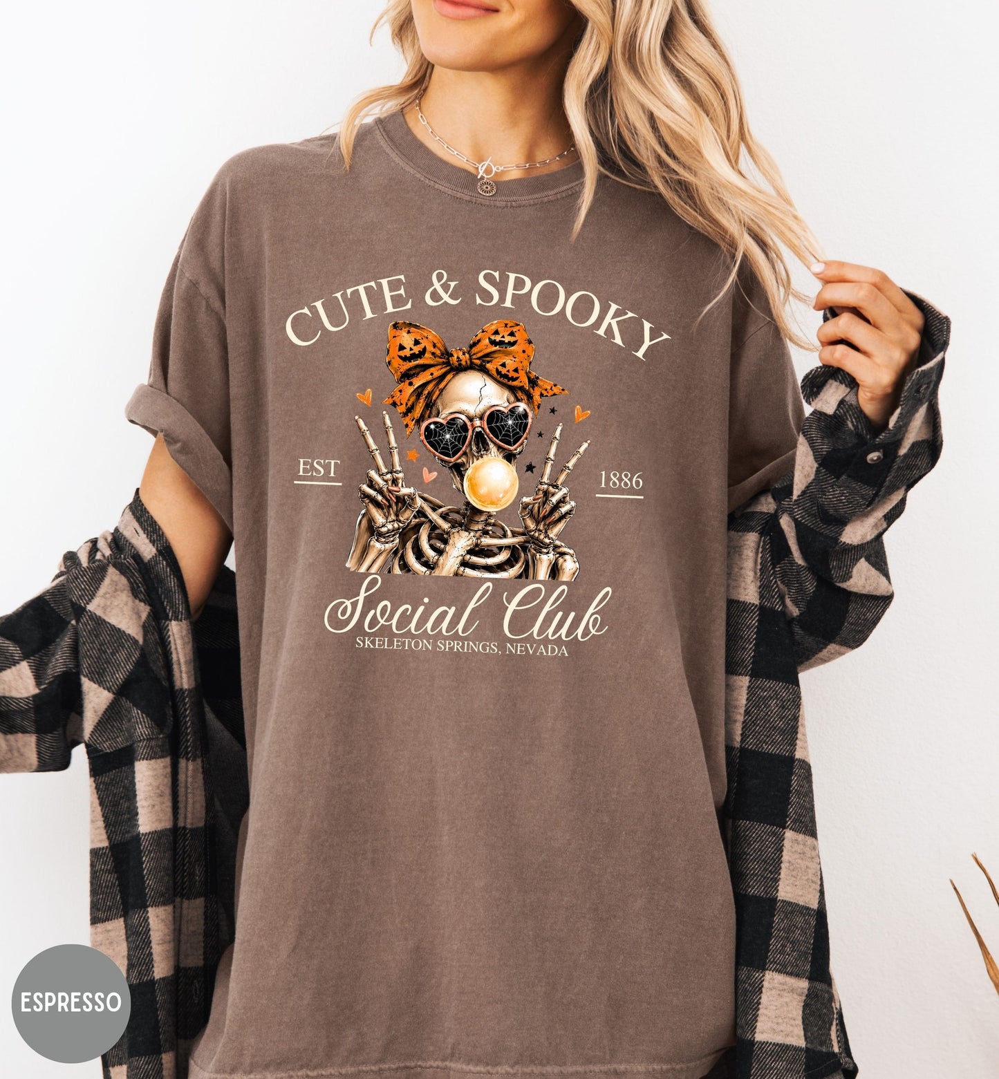 Cute & Spooky Social Club shirt, Halloween t-shirt, Skeleton shirt, Bow shirt, woman Halloween tee, October fall shirt, coquette Halloween.