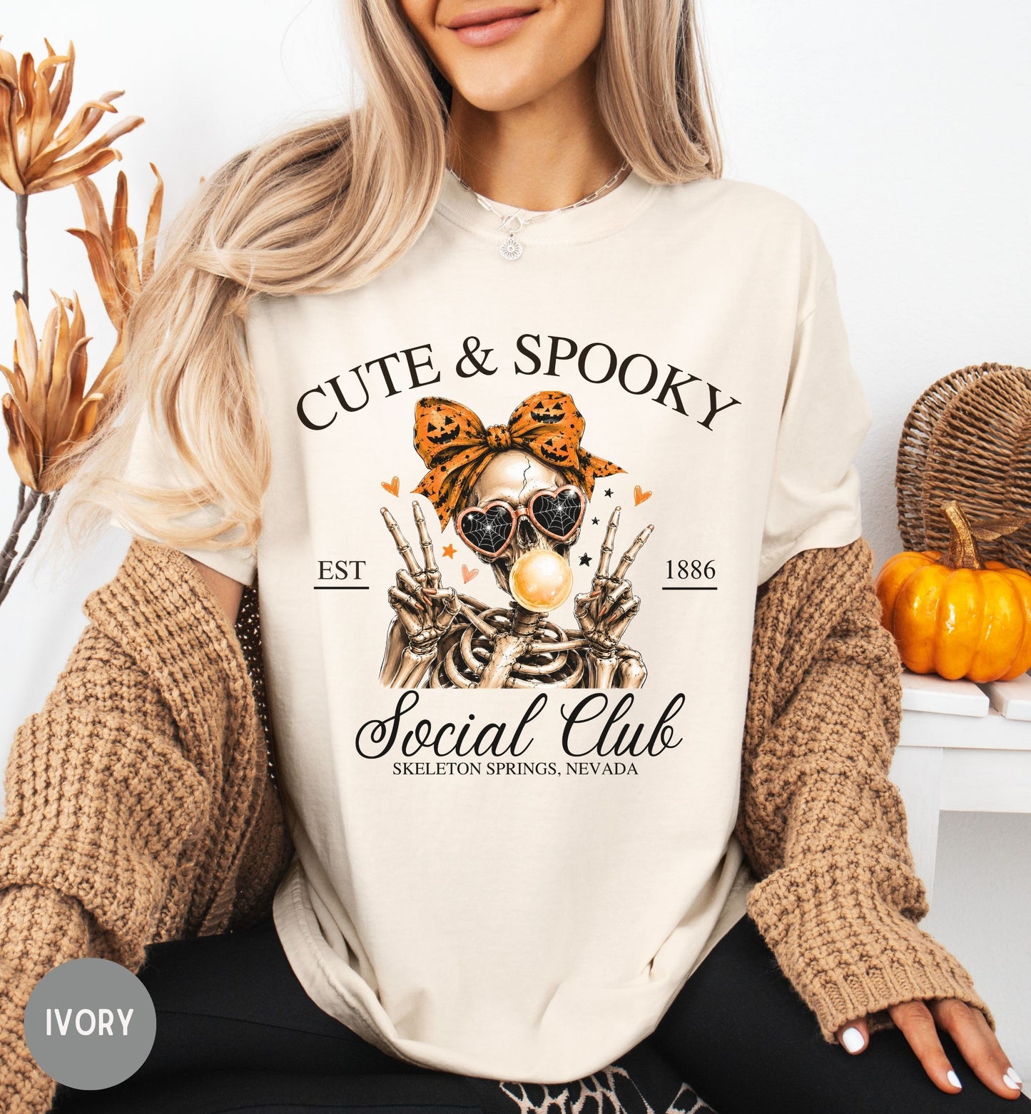 Cute & Spooky Social Club shirt, Halloween t-shirt, Skeleton shirt, Bow shirt, woman Halloween tee, October fall shirt, coquette Halloween.