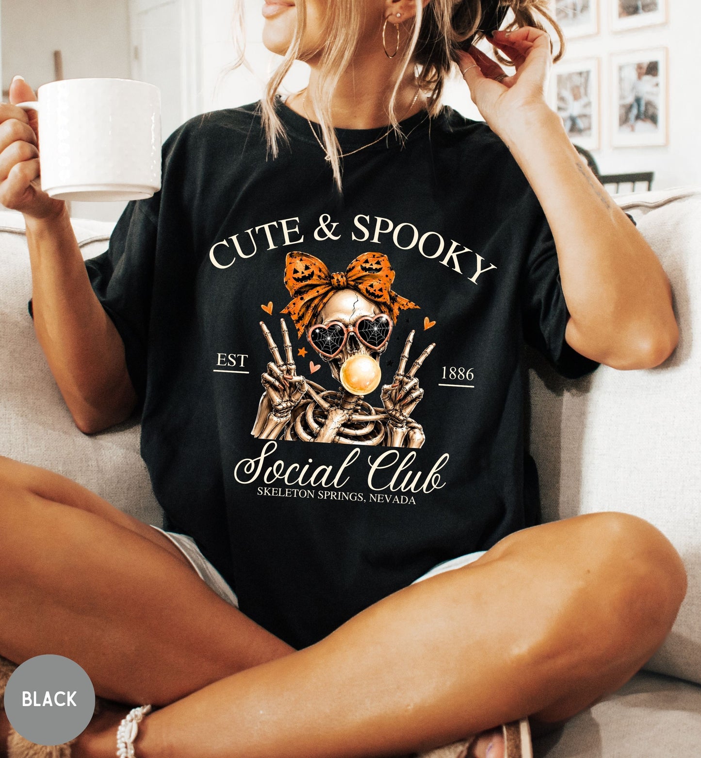 Cute & Spooky Social Club shirt, Halloween t-shirt, Skeleton shirt, Bow shirt, woman Halloween tee, October fall shirt, coquette Halloween.
