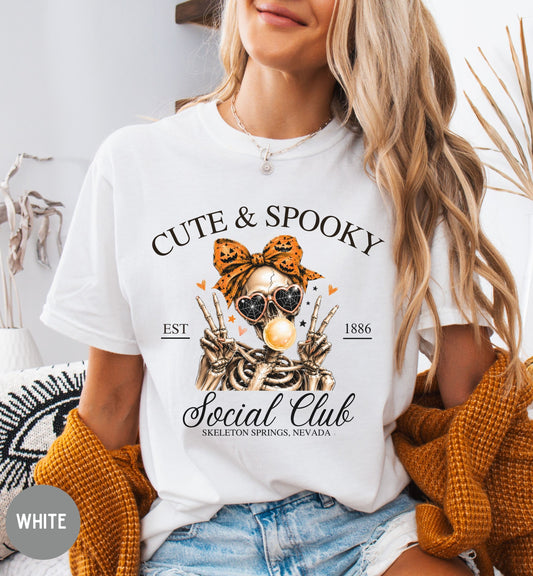 Cute & Spooky Social Club shirt, Halloween t-shirt, Skeleton shirt, Bow shirt, woman Halloween tee, October fall shirt, coquette Halloween.