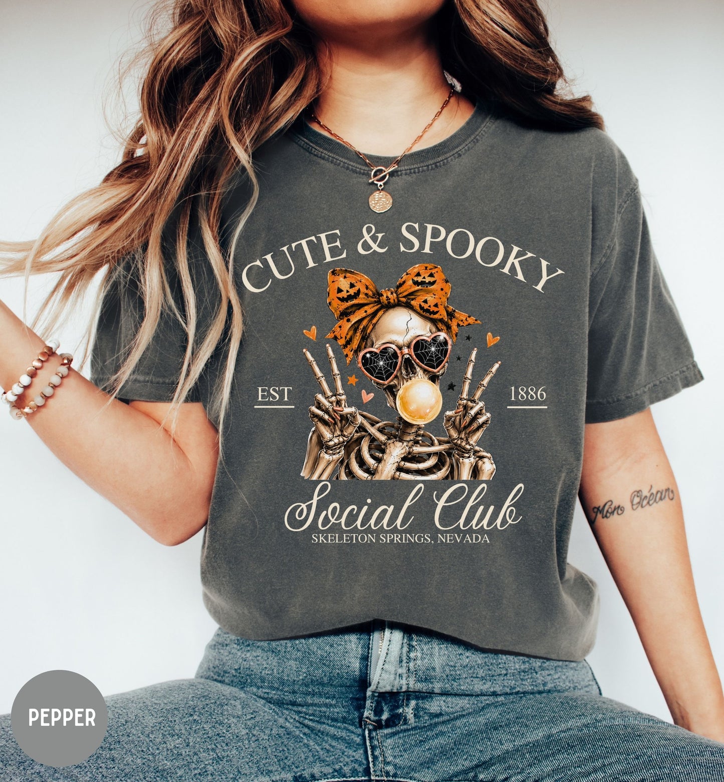 Cute & Spooky Social Club shirt, Halloween t-shirt, Skeleton shirt, Bow shirt, woman Halloween tee, October fall shirt, coquette Halloween.