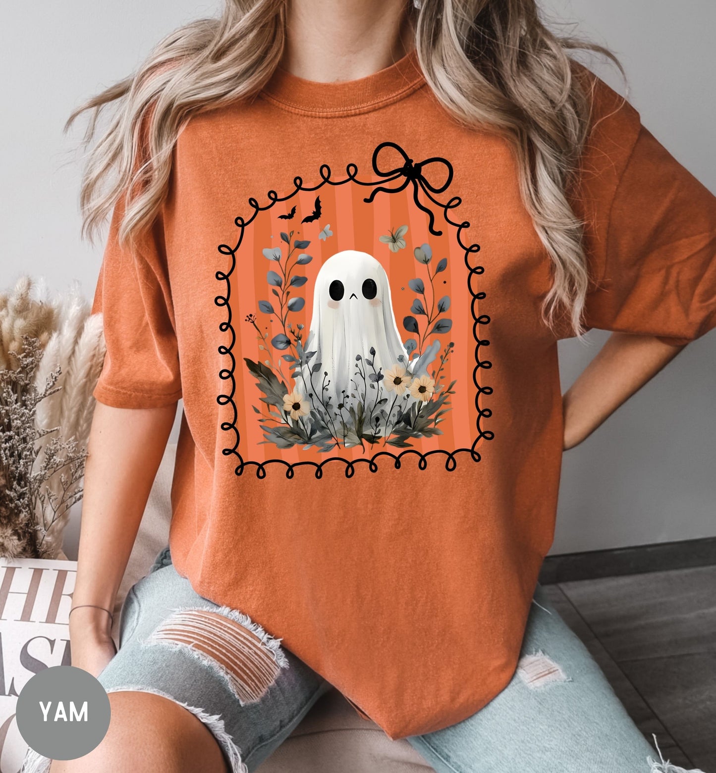 Cute Ghost Shirt for Women, Halloween t-shirt, Floral Halloween tee, Bow shirt, Wildflower ghost shirt, coquette Halloween, Autumn Aesthetic