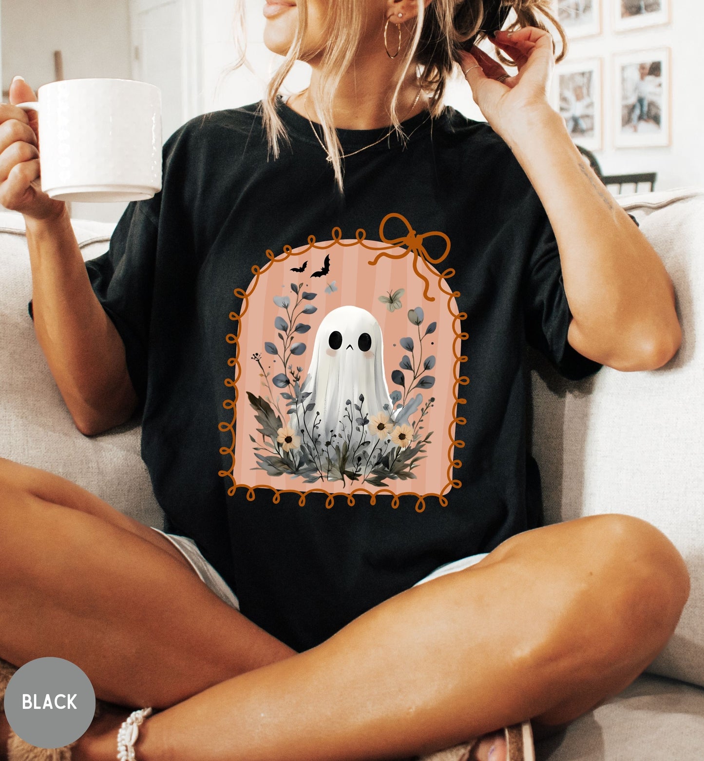 Cute Ghost Shirt for Women, Halloween t-shirt, Floral Halloween tee, Bow shirt, Wildflower ghost shirt, coquette Halloween, Autumn Aesthetic