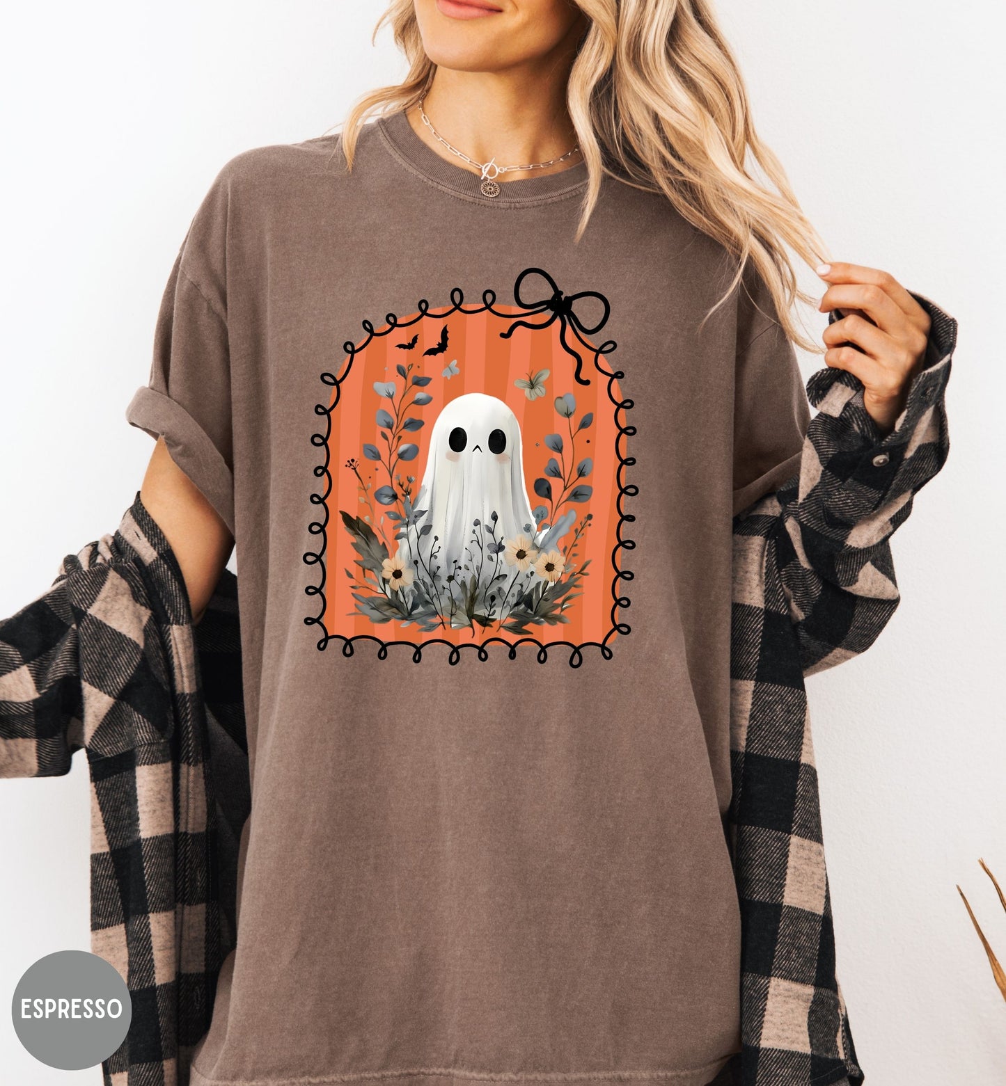 Cute Ghost Shirt for Women, Halloween t-shirt, Floral Halloween tee, Bow shirt, Wildflower ghost shirt, coquette Halloween, Autumn Aesthetic
