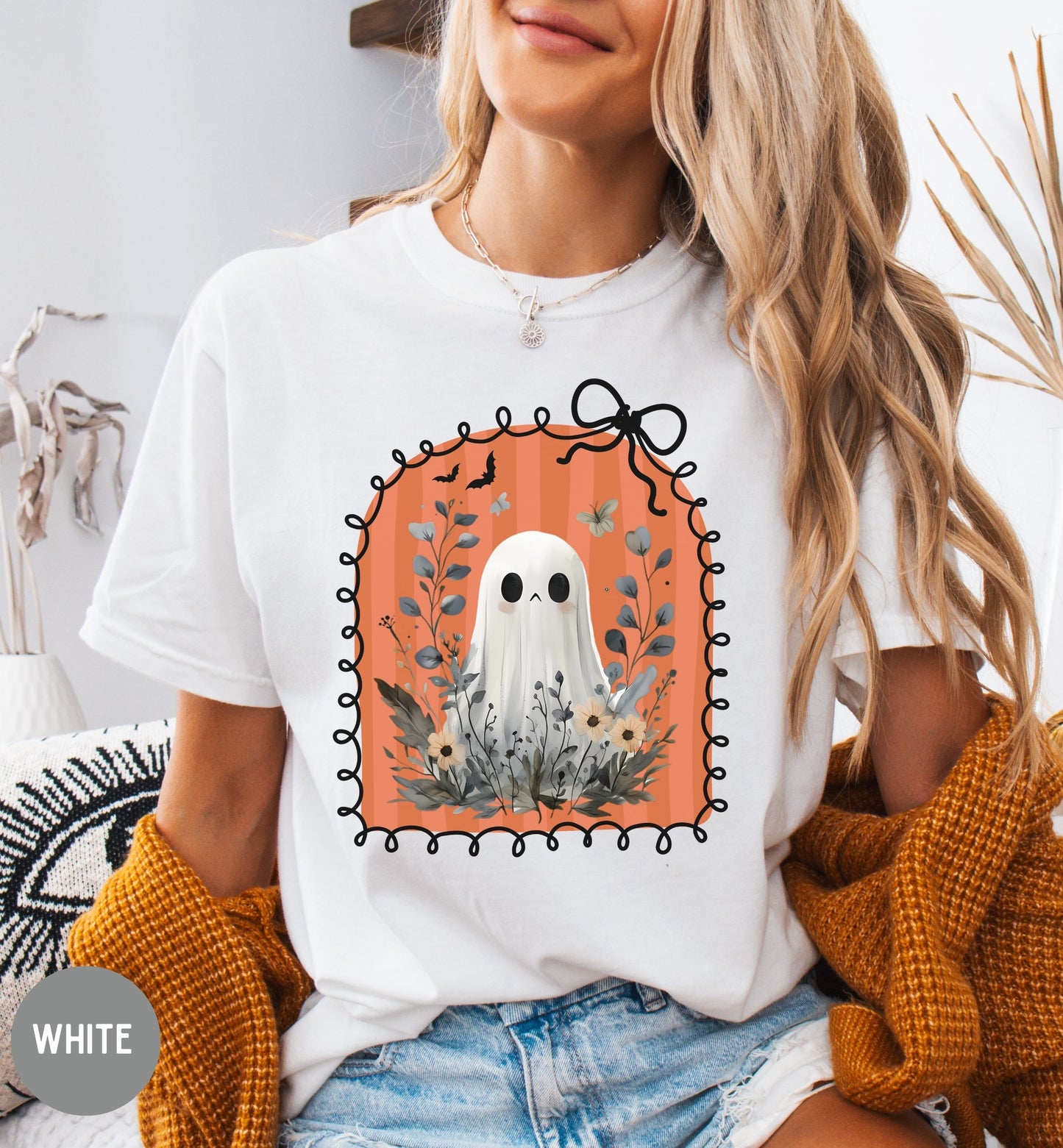 Cute Ghost Shirt for Women, Halloween t-shirt, Floral Halloween tee, Bow shirt, Wildflower ghost shirt, coquette Halloween, Autumn Aesthetic