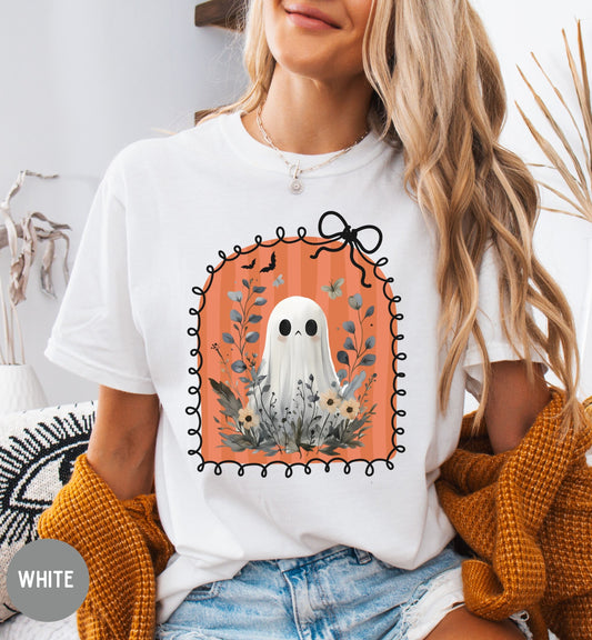 Cute Ghost Shirt for Women, Halloween t-shirt, Floral Halloween tee, Bow shirt, Wildflower ghost shirt, coquette Halloween, Autumn Aesthetic