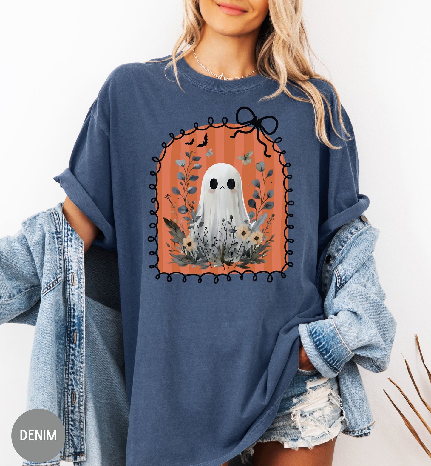 Cute Ghost Shirt for Women, Halloween t-shirt, Floral Halloween tee, Bow shirt, Wildflower ghost shirt, coquette Halloween, Autumn Aesthetic