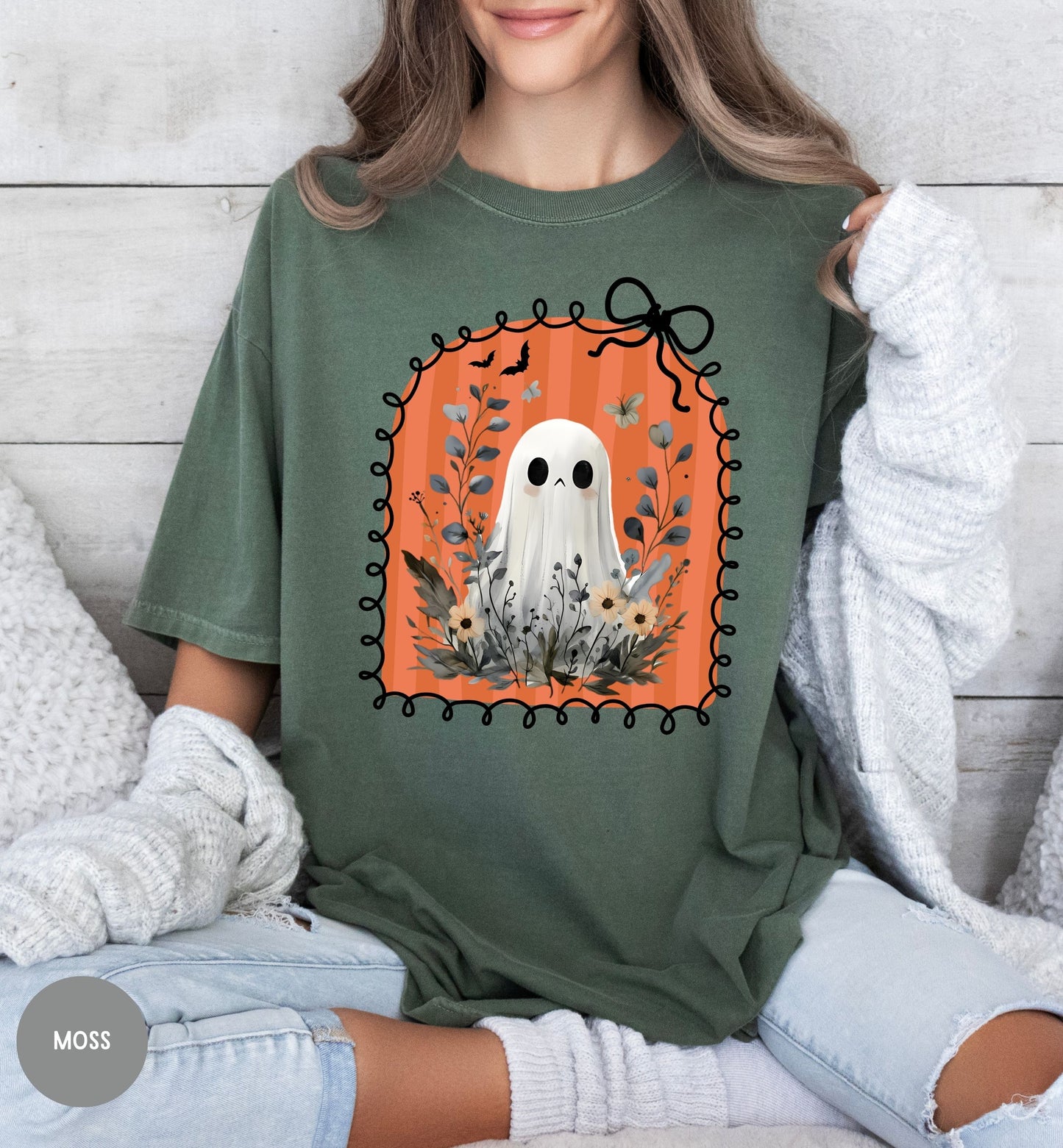 Cute Ghost Shirt for Women, Halloween t-shirt, Floral Halloween tee, Bow shirt, Wildflower ghost shirt, coquette Halloween, Autumn Aesthetic