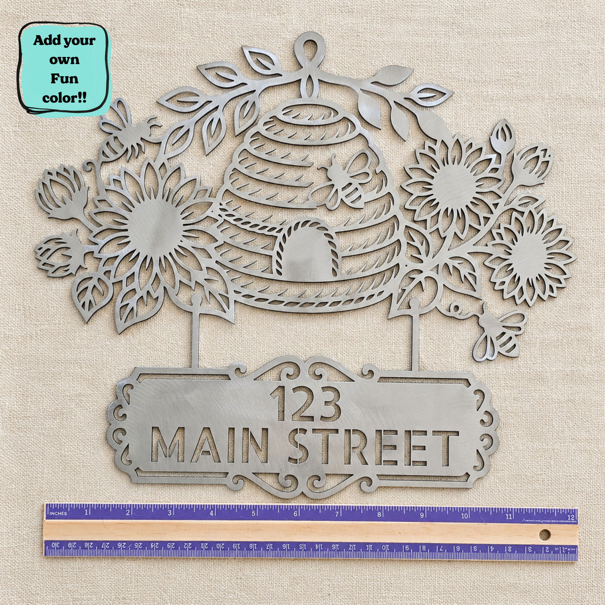 Personalized Bee & Sunflower Metal Sign, Custom Beehive Garden Decor, Welcome Sign, House Address Sign, Family Name Gift, Housewarming gift.
