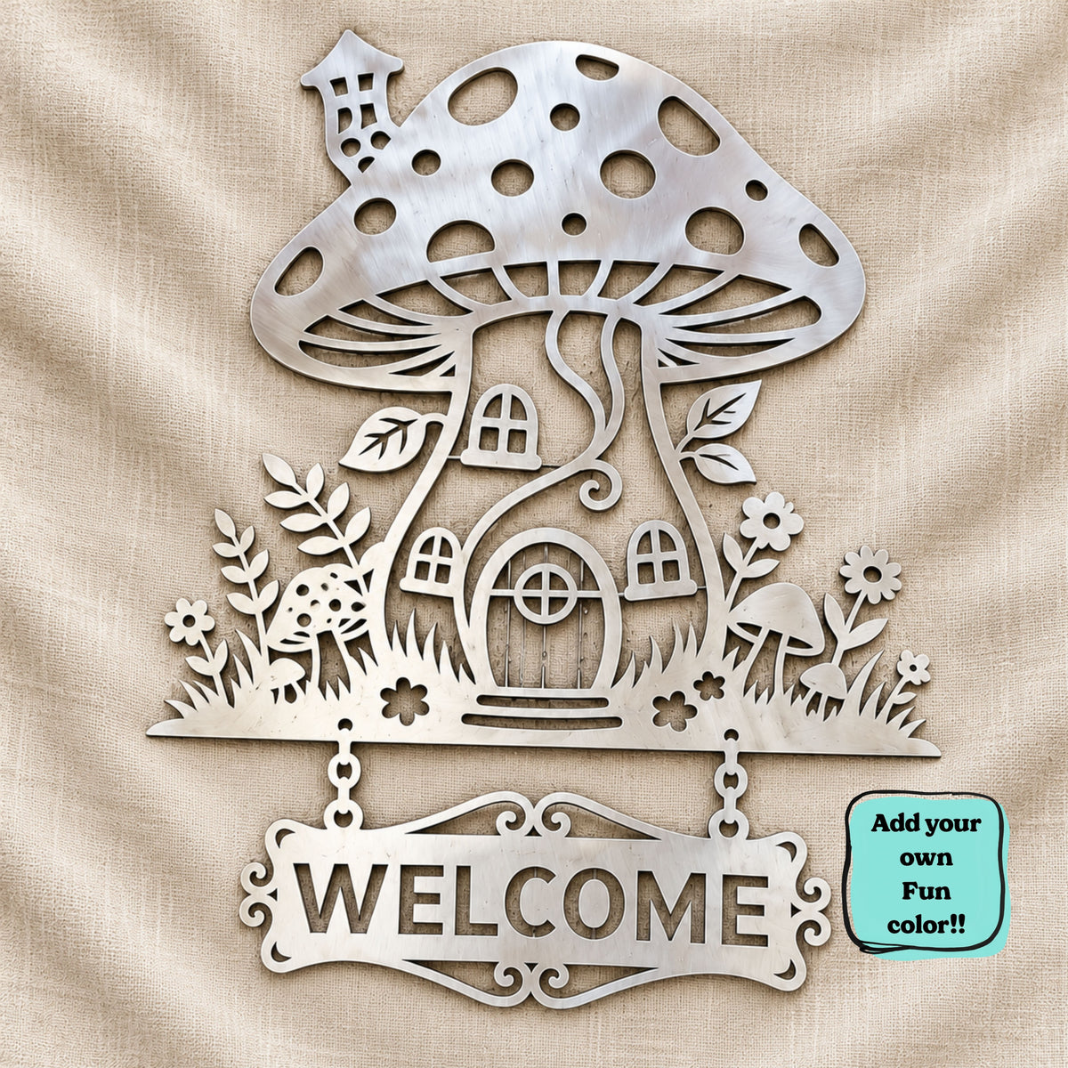 Mushroom House Metal Sign, Personalized Garden Sign, Fairy Garden Decor, Mushroom Welcome Sign, Custom Address Sign, Whimsical Garden Gift.