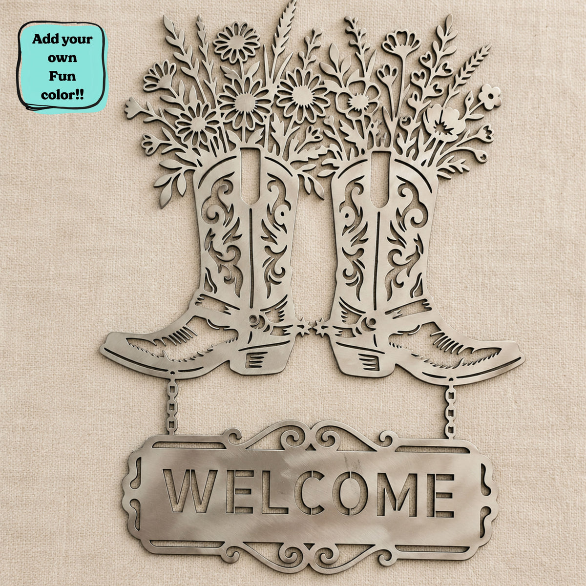 Personalized Cowboy Boots Metal Sign, Western Floral Welcome Sign, Custom Garden Sign, Rustic Farmhouse Decor, House Address Sign.