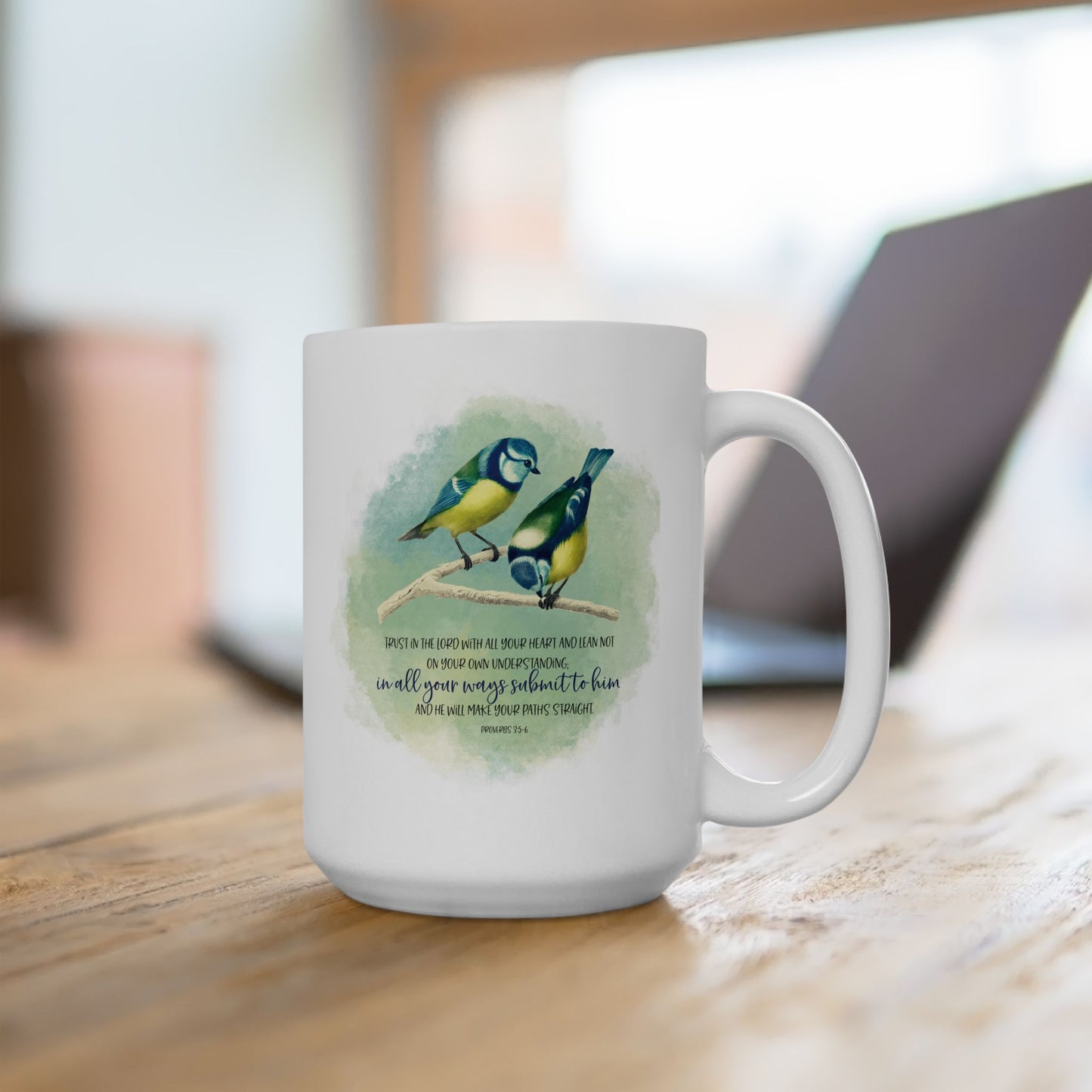 Proverbs 3:5-6 coffe mug, Blue tit Bird mug, Bible verse mug, inspirational Christian Faith mug, religious gifts, bird or nature lovers mug.