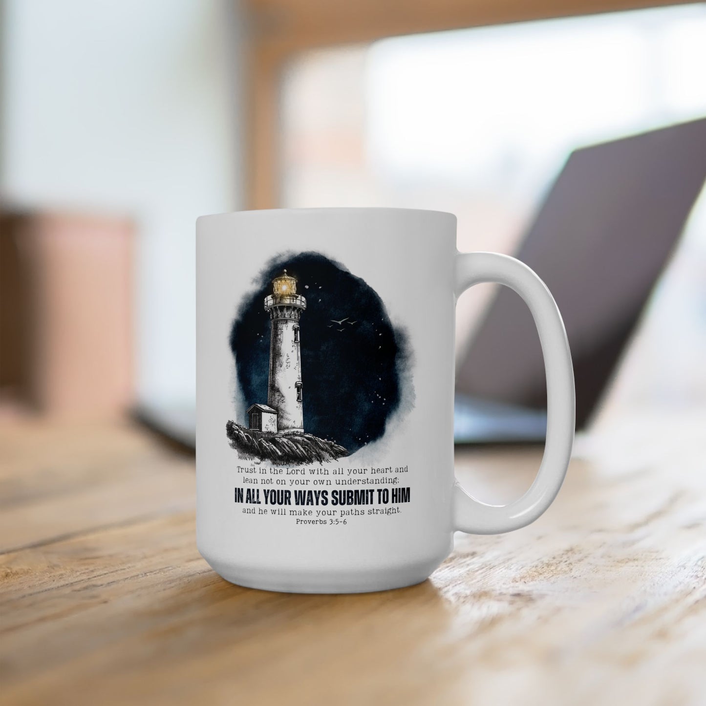 Proverbs 3:5-6 coffe mug, Lighthouse mug, Bible verse mug, inspirational Christian Faith mug, religious gift, sea lovers, boat captain gift.