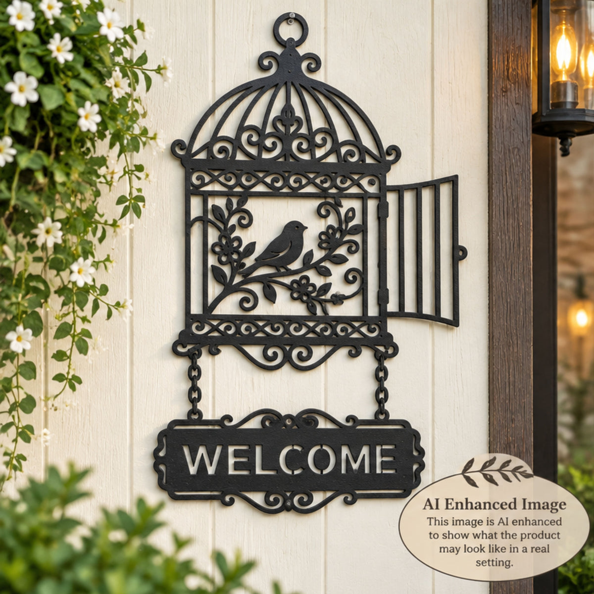 Personalized Metal Welcome Sign, Birdcage Wall Decor, Custom Address Sign, Garden Sign, Family Name Sign, Bird Lover Gift, Porch Decor