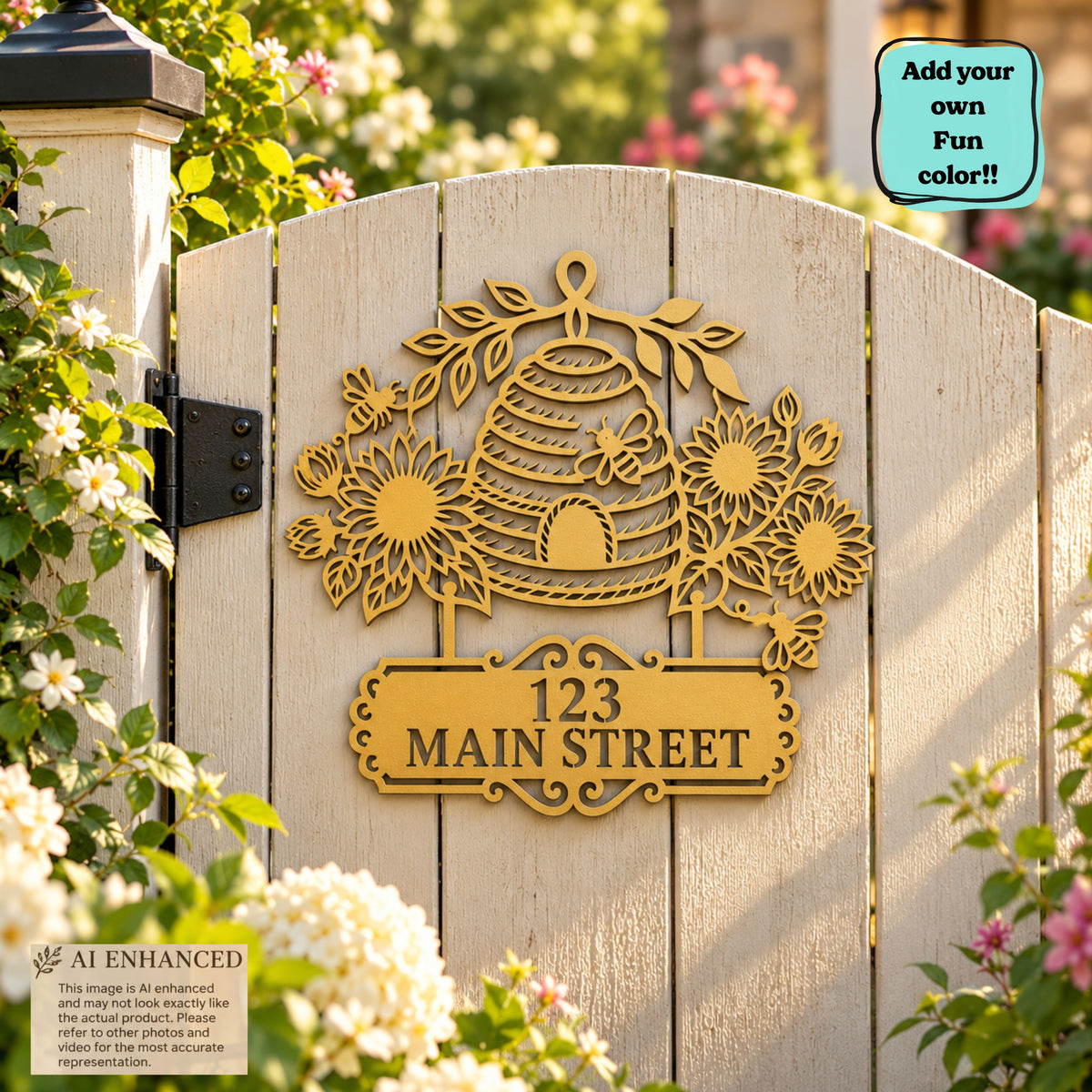 Personalized Bee & Sunflower Metal Sign, Custom Beehive Garden Decor, Welcome Sign, House Address Sign, Family Name Gift, Housewarming gift.