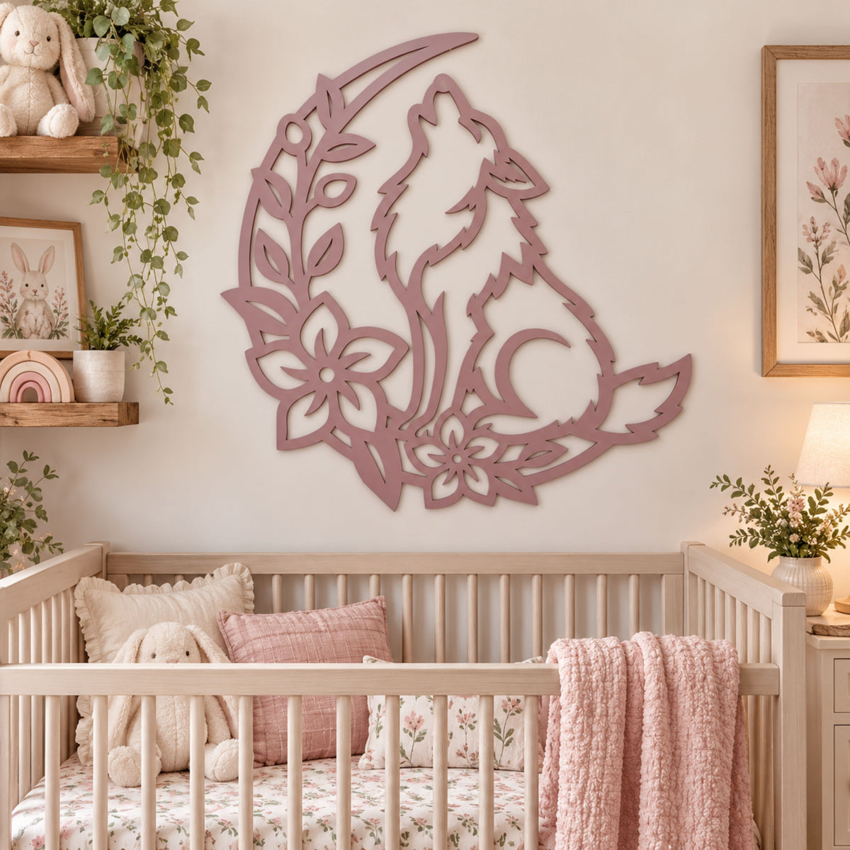 Wolf Metal Wall Art, Howling Wolf Sign, Woodland Floral Decor, Wolf Lover Gift, Boho Wall Art, Nursery Art, Metal Wall Decor.