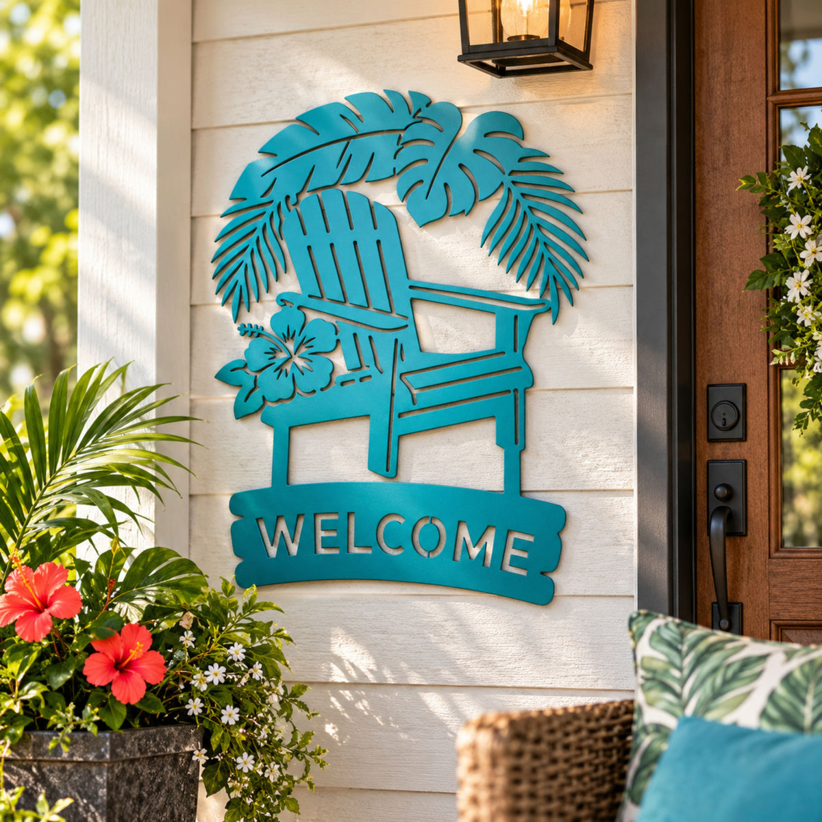 Tropical Metal Welcome Sign, Personalized Address Sign, Family Name Sign, Adirondack Chair Decor, Beach House Porch Sign, Garden Wall Decor