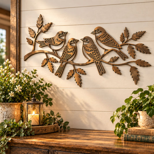 Birds on Branch Metal Art, Four Birds Metal Sign, Bird Lover Gift, Nature Inspired Wall Decor, Rustic Farmhouse Garden Decor, Nature lovers.