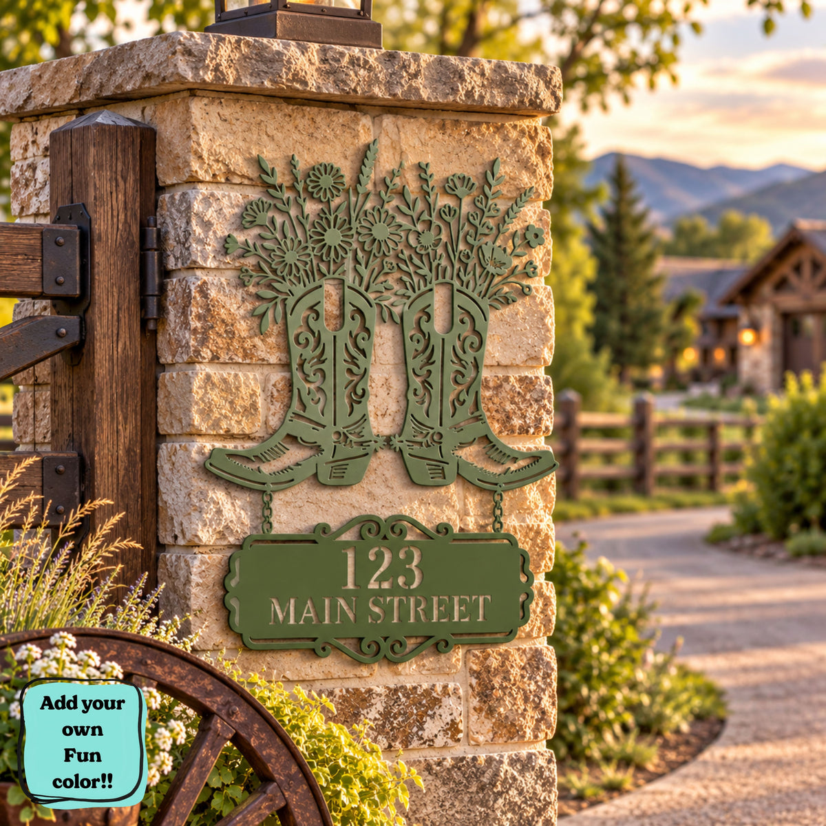 Personalized Cowboy Boots Metal Sign, Western Floral Welcome Sign, Custom Garden Sign, Rustic Farmhouse Decor, House Address Sign.