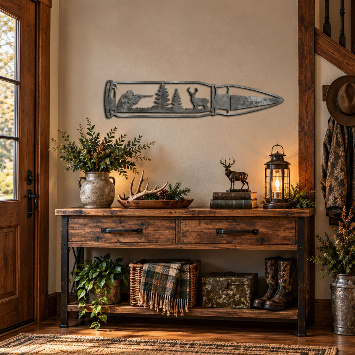 Deer Hunting Metal Wall Art, Hunter & Buck Decor, Rustic Cabin Sign, Hunting Gift for Dad, Metal Bullet Wall Decor, Wildlife Sign