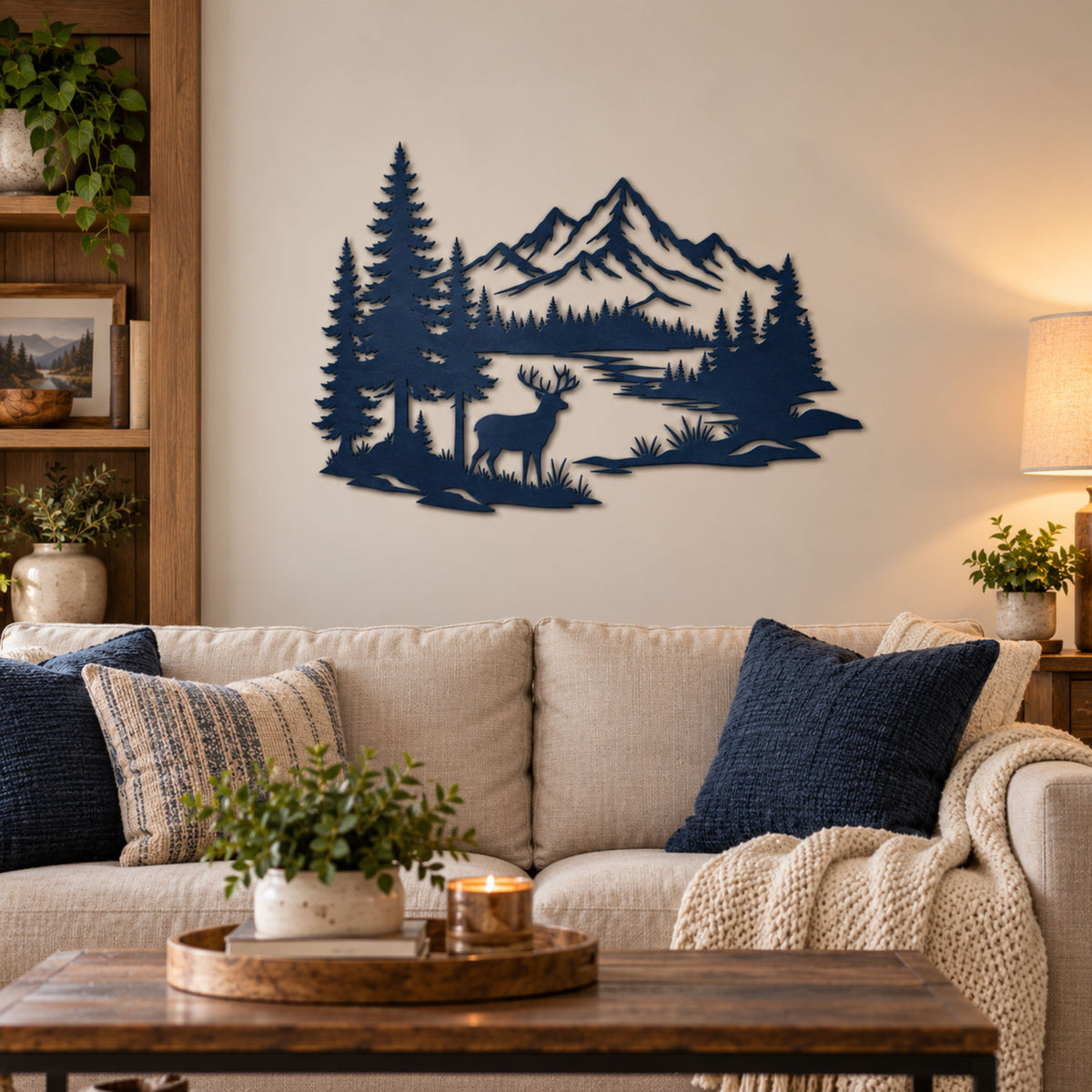 Deer Metal Wall Art, Mountain Lake Wildlife Sign, Rustic Cabin Decor, Forest Wall Hanging, Hunting Lodge Gift
