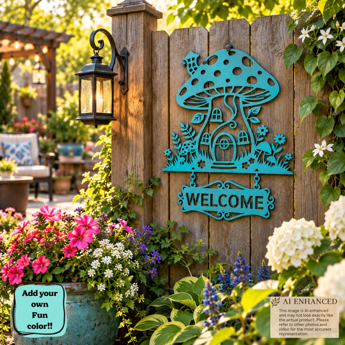 Mushroom House Metal Sign, Personalized Garden Sign, Fairy Garden Decor, Mushroom Welcome Sign, Custom Address Sign, Whimsical Garden Gift.