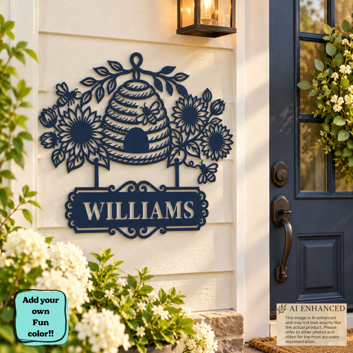 Personalized Bee & Sunflower Metal Sign, Custom Beehive Garden Decor, Welcome Sign, House Address Sign, Family Name Gift, Housewarming gift.