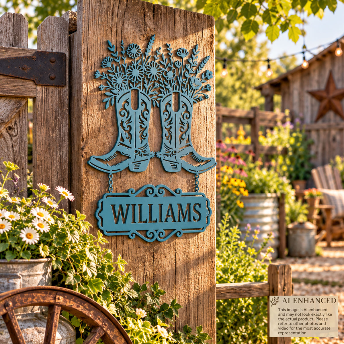 Personalized Cowboy Boots Metal Sign, Western Floral Welcome Sign, Custom Garden Sign, Rustic Farmhouse Decor, House Address Sign.