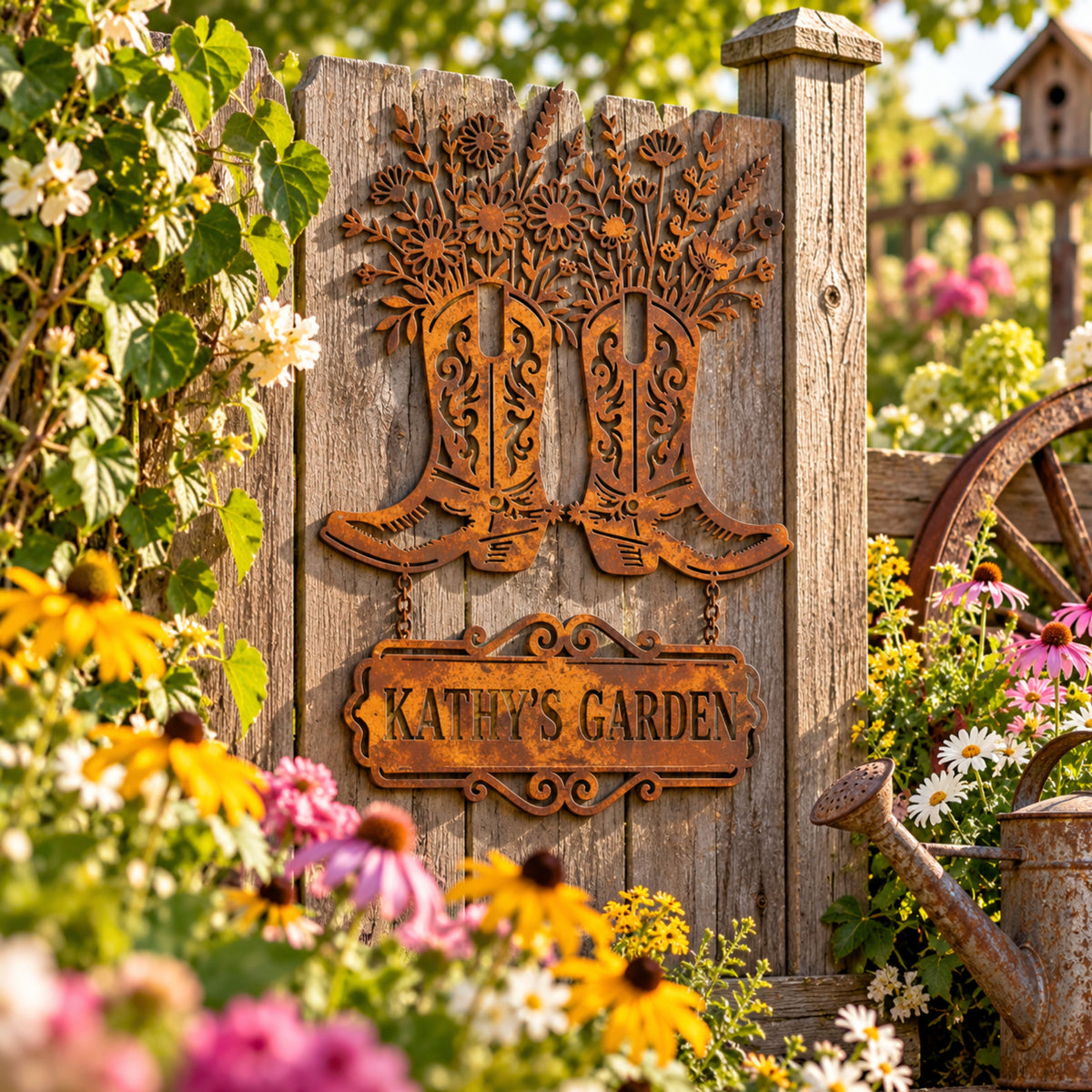 Personalized Cowboy Boots Metal Sign, Western Floral Welcome Sign, Custom Garden Sign, Rustic Farmhouse Decor, House Address Sign.