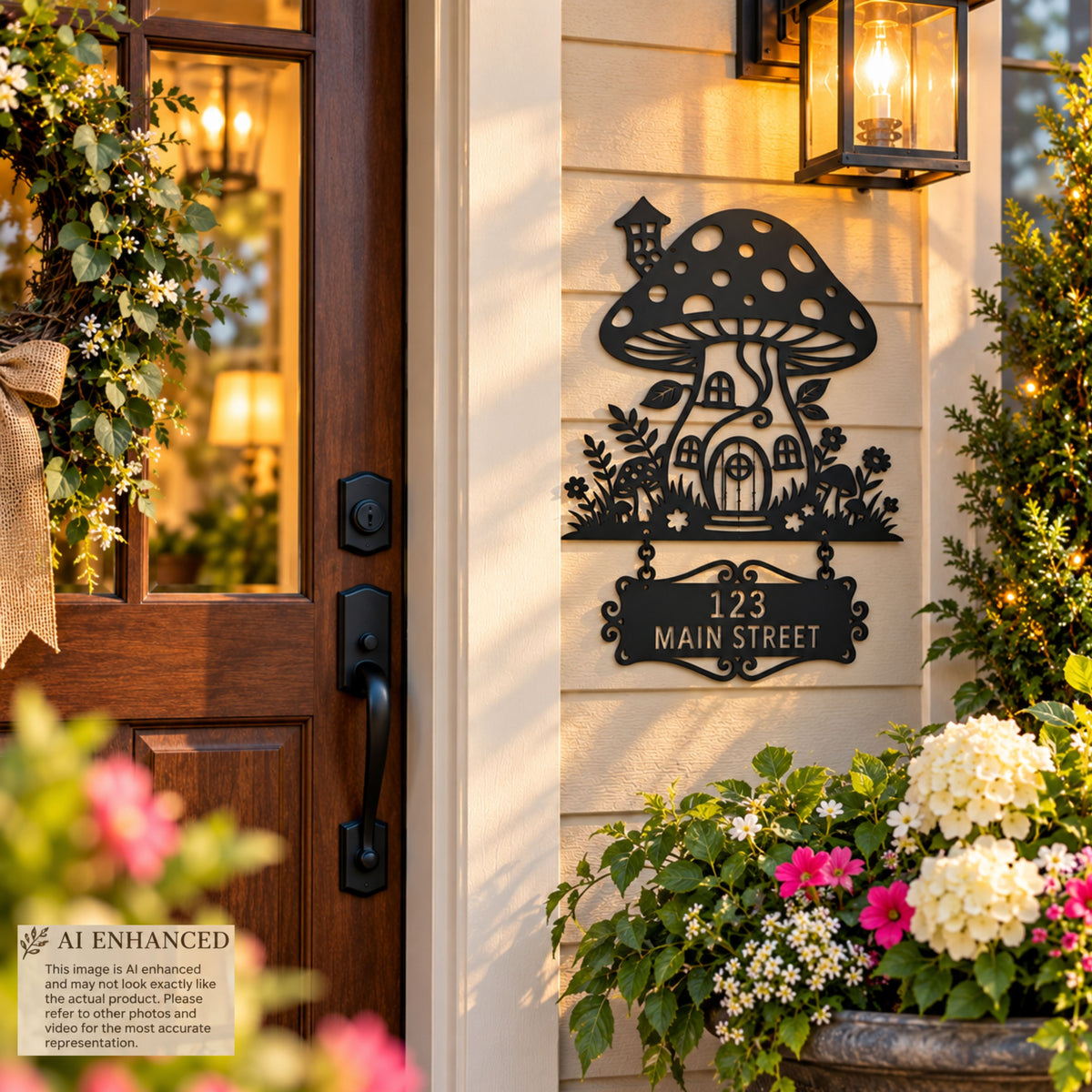 Mushroom House Metal Sign, Personalized Garden Sign, Fairy Garden Decor, Mushroom Welcome Sign, Custom Address Sign, Whimsical Garden Gift.