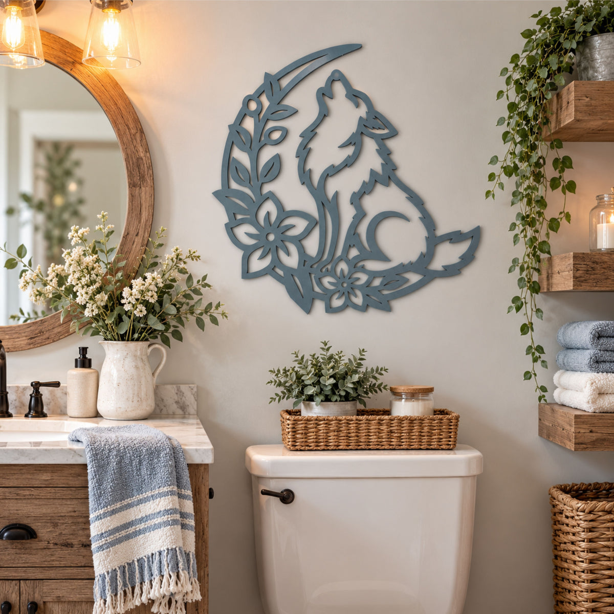 Wolf Metal Wall Art, Howling Wolf Sign, Woodland Floral Decor, Wolf Lover Gift, Boho Wall Art, Nursery Art, Metal Wall Decor.