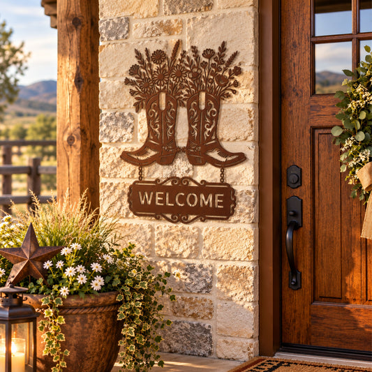 Personalized Cowboy Boots Metal Sign, Western Floral Welcome Sign, Custom Garden Sign, Rustic Farmhouse Decor, House Address Sign.