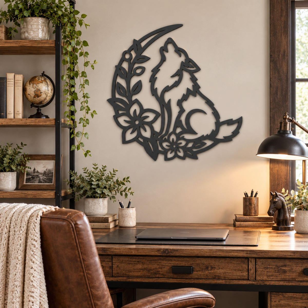 Wolf Metal Wall Art, Howling Wolf Sign, Woodland Floral Decor, Wolf Lover Gift, Boho Wall Art, Nursery Art, Metal Wall Decor.