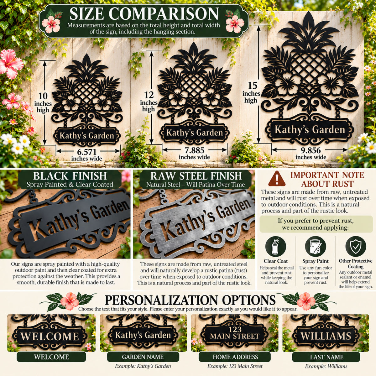 Personalized Metal Pineapple & Tropical Garden Sign, Welcome sign, custom family name, Address sign