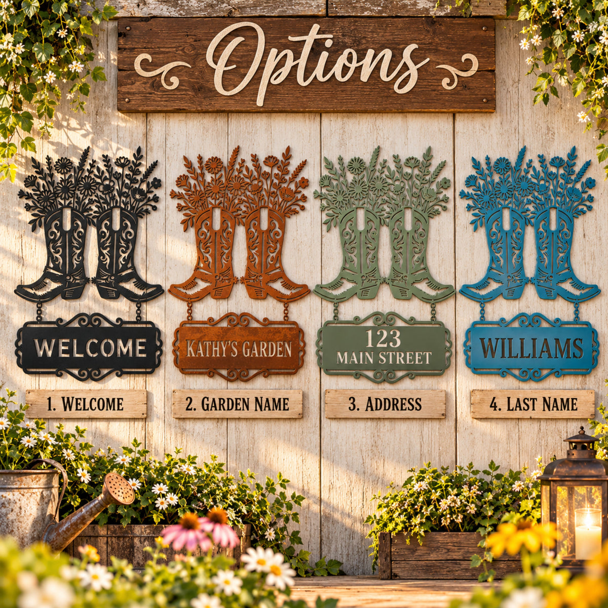 Personalized Cowboy Boots Metal Sign, Western Floral Welcome Sign, Custom Garden Sign, Rustic Farmhouse Decor, House Address Sign.
