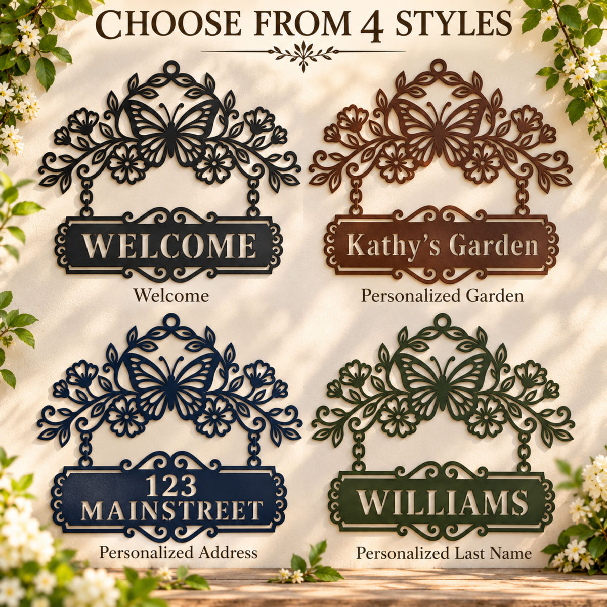 Personalized Butterfly Metal Sign, Custom Garden Sign, Floral Welcome Sign, House Number Sign, Family Name Decor, Housewarming Gift.