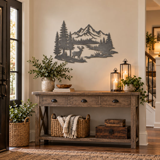 Deer Metal Wall Art, Mountain Lake Wildlife Sign, Rustic Cabin Decor, Forest Wall Hanging, Hunting Lodge Gift