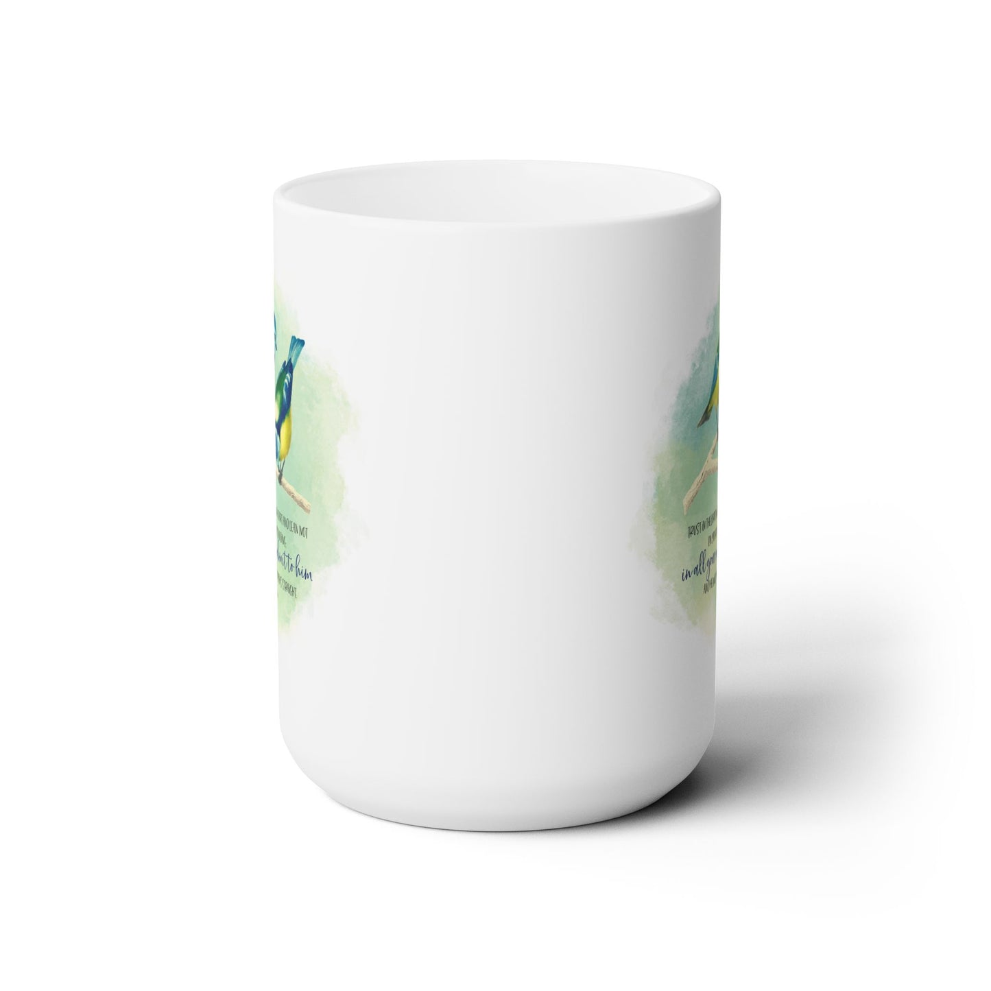 Proverbs 3:5-6 coffe mug, Blue tit Bird mug, Bible verse mug, inspirational Christian Faith mug, religious gifts, bird or nature lovers mug.